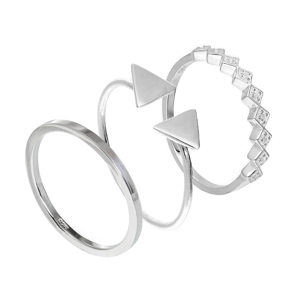 Ensemble de bagues empilables géométriques carrées en argent sterling avec triangles et zircones cubiques
