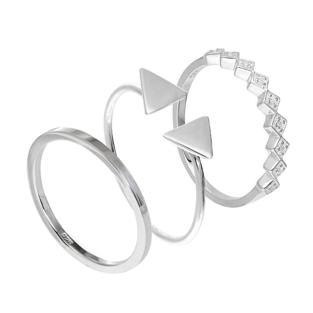 Ensemble de bagues empilables géométriques carrées en argent sterling avec triangles et zircones cubiques