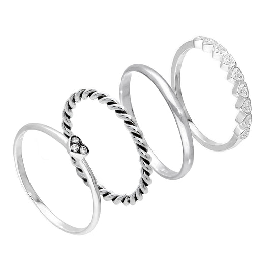 Ensemble de bagues empilables en argent sterling avec cœurs torsadés et zircones cubiques
