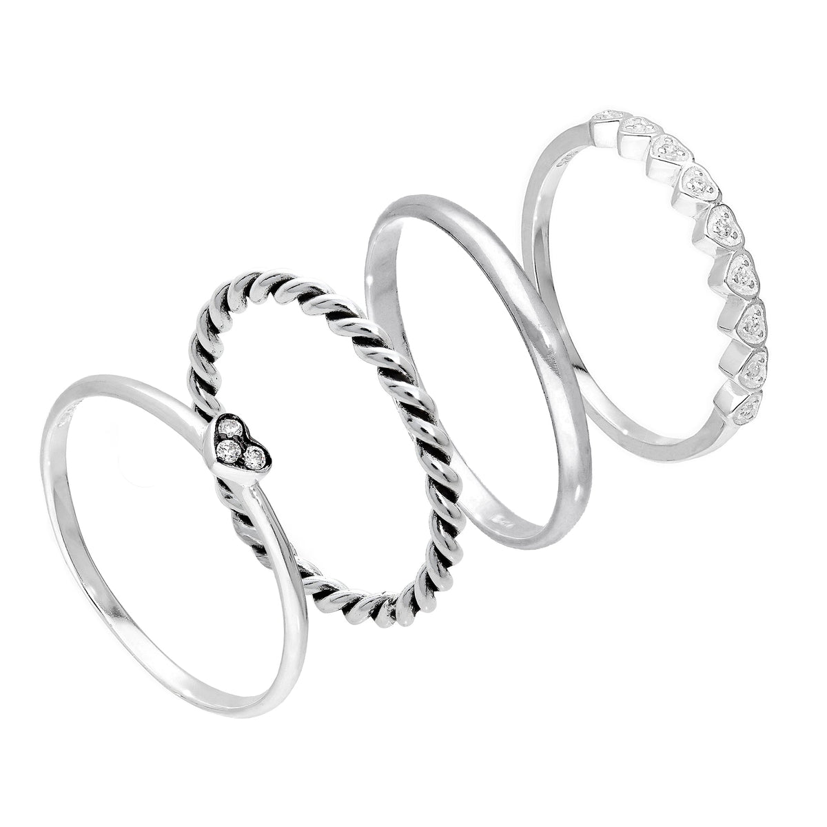 Ensemble de bagues empilables en argent sterling avec cœurs torsadés et zircones cubiques