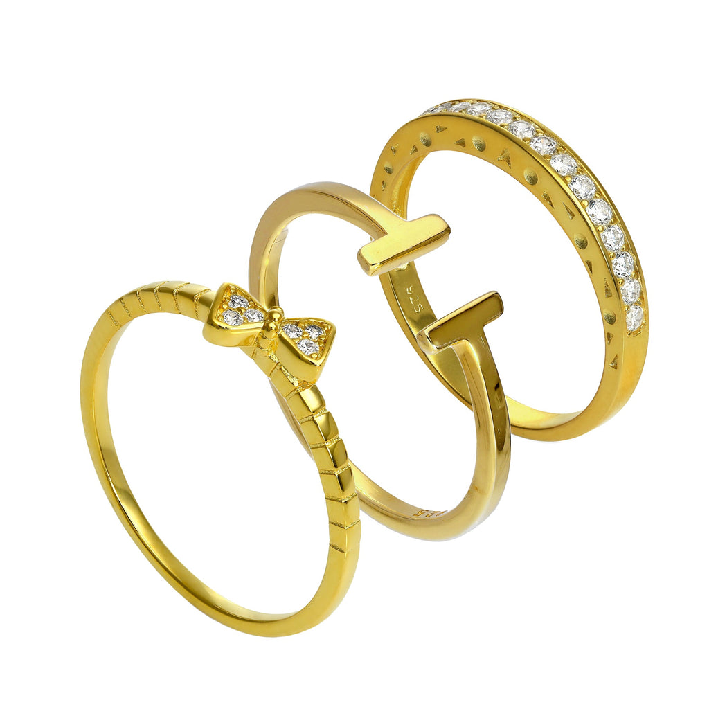 Ensemble de bagues empilables en argent sterling plaqué or avec barre et zircone cubique
