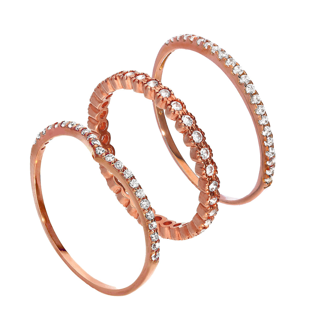 Ensemble de bagues empilables en or rose 9 carats avec motif Wishbone et zircones cubiques scintillants