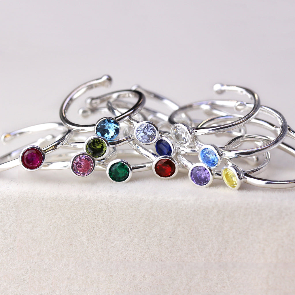 Bagues réglables en argent sterling et cristal CZ avec pierre de naissance