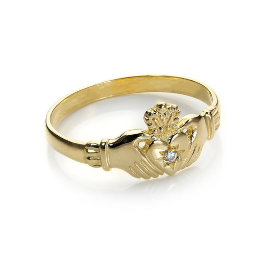 Bague Claddagh en or jaune 9 carats et cristal transparent