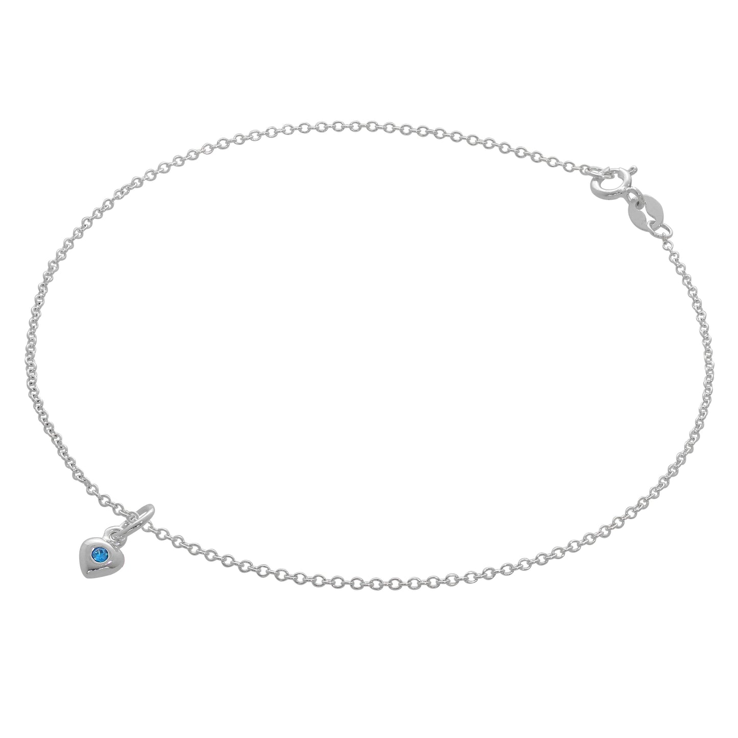 Bracelet de cheville Belcher en argent sterling fin avec breloque cœur en cristal CZ et pierre de naissance - 25,4 cm
