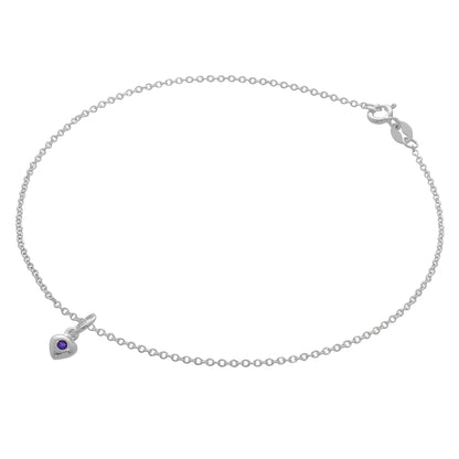 Bracelet de cheville Belcher en argent sterling fin avec breloque cœur en cristal CZ et pierre de naissance - 25,4 cm