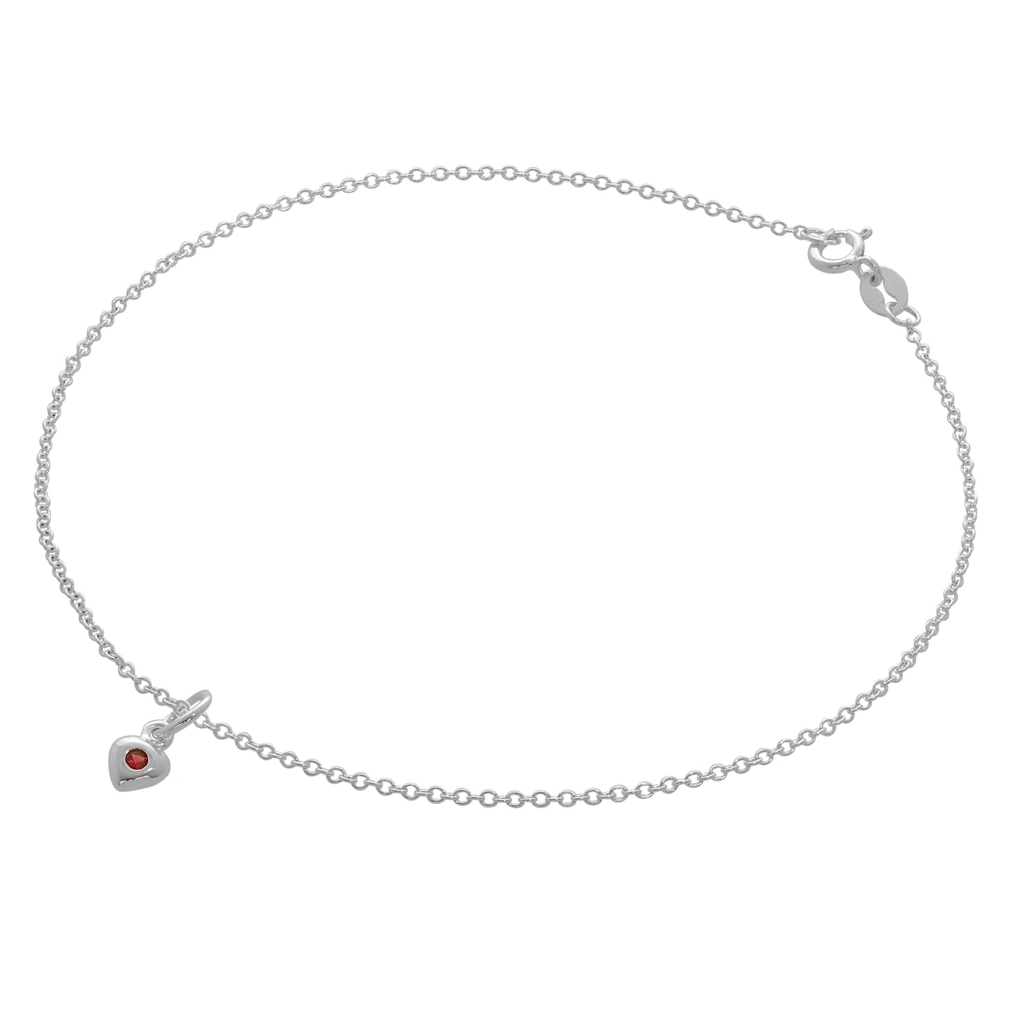 Bracelet de cheville Belcher en argent sterling fin avec breloque cœur en cristal CZ et pierre de naissance - 25,4 cm