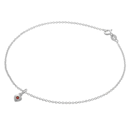 Bracelet de cheville Belcher en argent sterling fin avec breloque cœur en cristal CZ et pierre de naissance - 25,4 cm