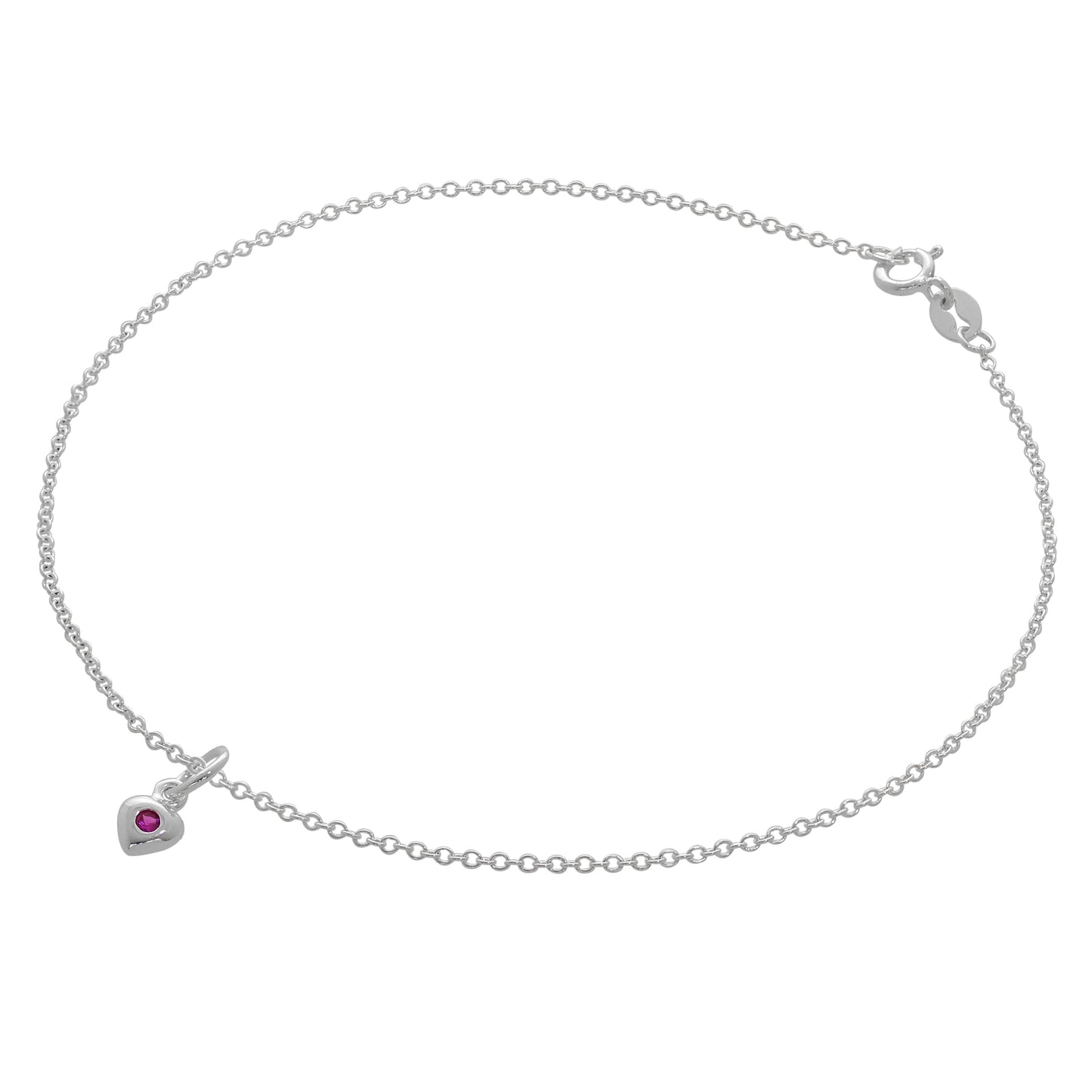 Bracelet de cheville Belcher en argent sterling fin avec breloque cœur en cristal CZ et pierre de naissance - 25,4 cm