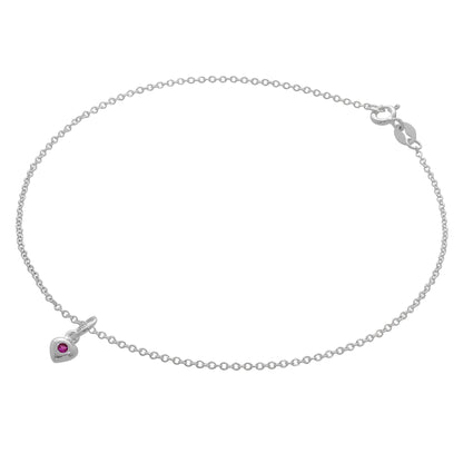 Bracelet de cheville Belcher en argent sterling fin avec breloque cœur en cristal CZ et pierre de naissance - 25,4 cm