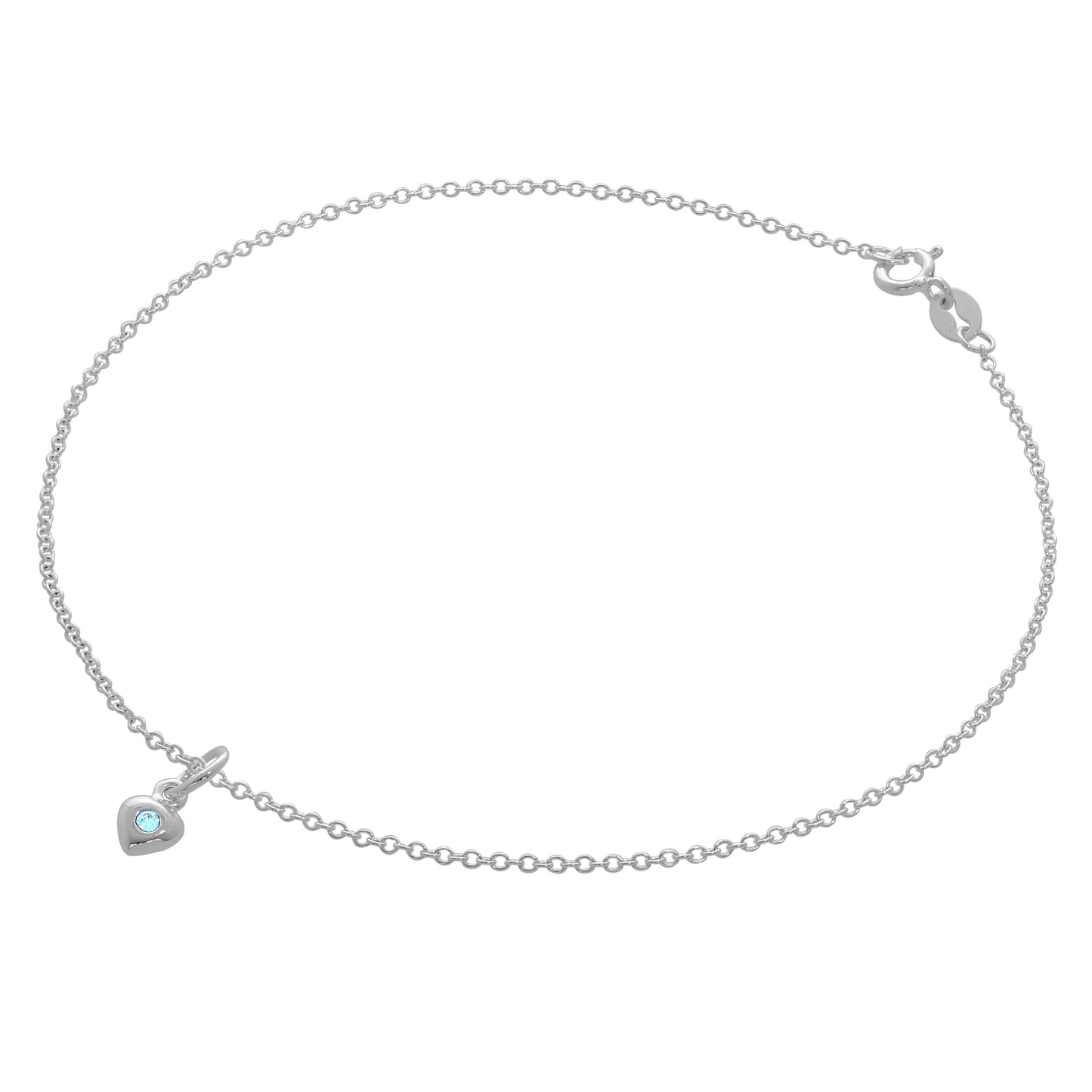 Bracelet de cheville Belcher en argent sterling fin avec breloque cœur en cristal CZ et pierre de naissance - 25,4 cm