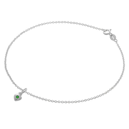 Bracelet de cheville Belcher en argent sterling fin avec breloque cœur en cristal CZ et pierre de naissance - 25,4 cm