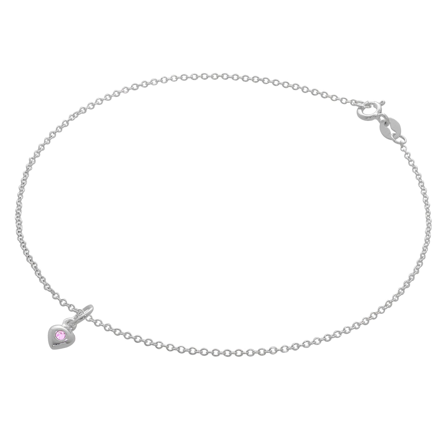 Bracelet de cheville Belcher en argent sterling fin avec breloque cœur en cristal CZ et pierre de naissance - 25,4 cm