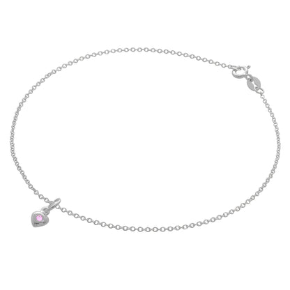 Bracelet de cheville Belcher en argent sterling fin avec breloque cœur en cristal CZ et pierre de naissance - 25,4 cm