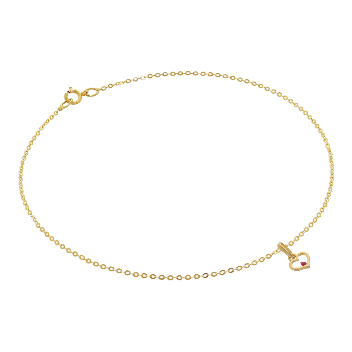 Bracelet de cheville martelé en or 9 carats avec breloque cœur en rubis et zircone cubique - 24 cm