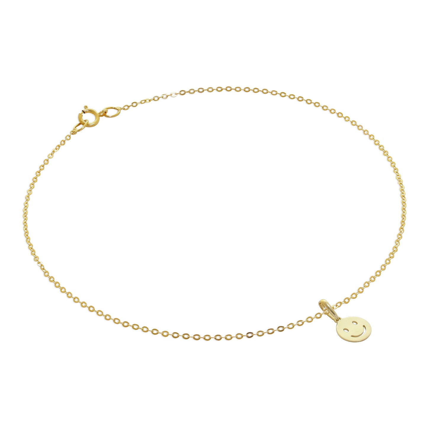 Bracelet de cheville martelé en or 9 carats avec breloque émoji visage souriant - 9,5 pouces