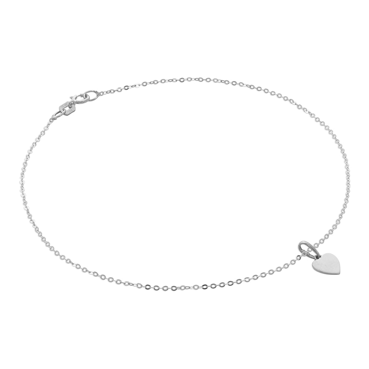 Bracelet de cheville en or blanc 9 carats martelé avec breloque cœur gravable - 24 cm