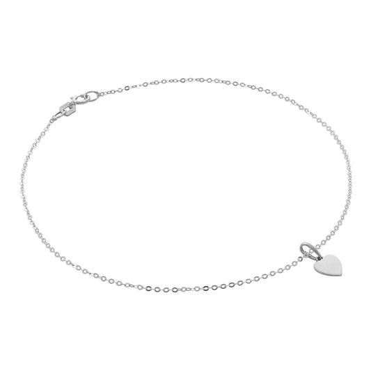 Bracelet de cheville en or blanc 9 carats martelé avec breloque cœur gravable - 9,5 pouces