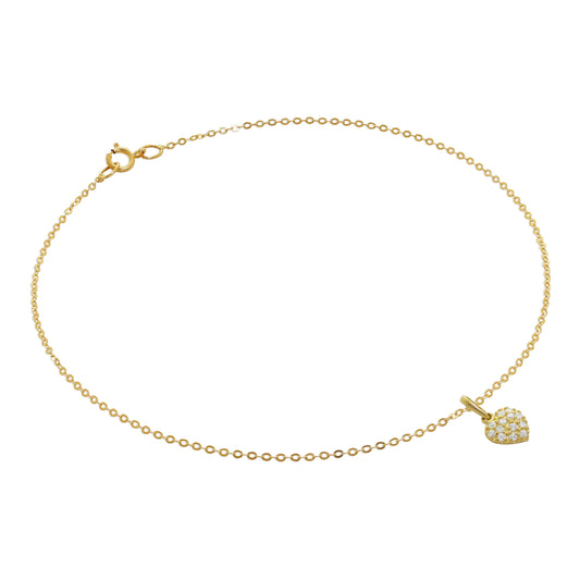 Bracelet de cheville martelé en or 9 carats avec breloque cœur en oxyde de zirconium plat - 9,5 pouces