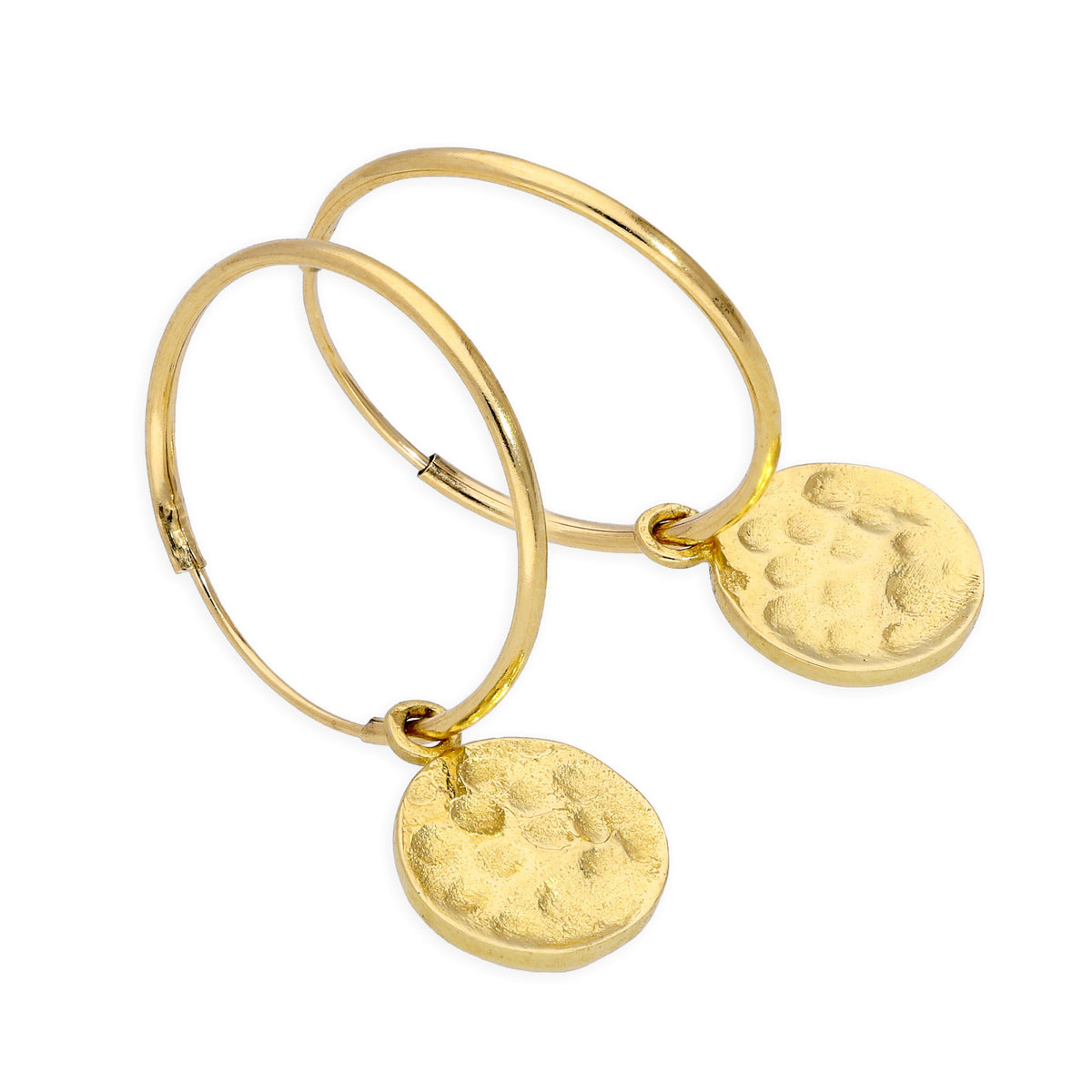 Boucles d'oreilles créoles à breloques en or 9 carats de 10 mm avec disques ronds martelés