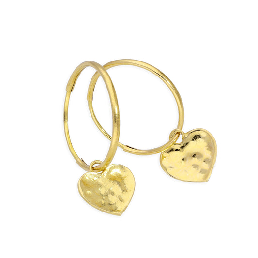 Boucles d'oreilles créoles martelées en or 9 carats de 10 mm avec breloques
