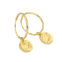 Boucles d'oreilles créoles à breloques en or 9 carats de 13 mm avec disques ronds martelés