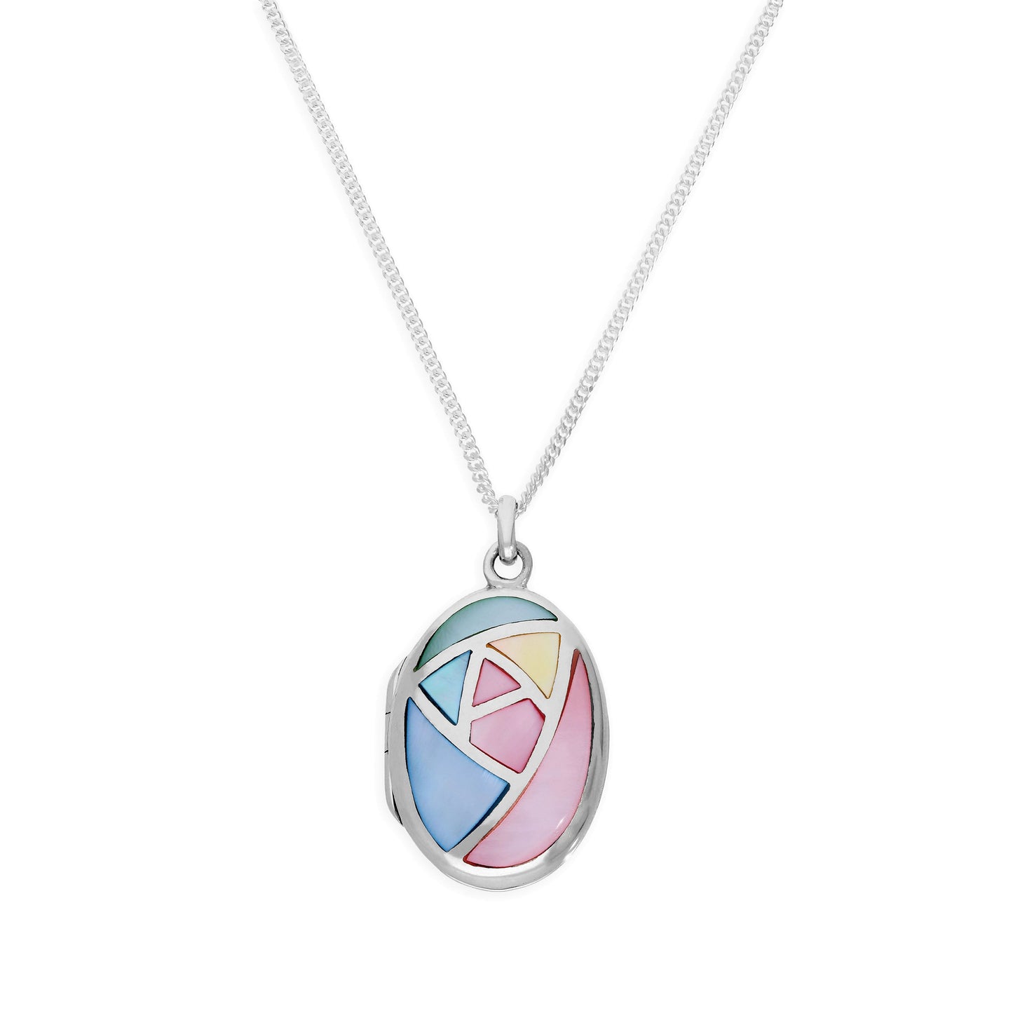 Médaillon ovale en argent sterling et nacre de couleur pastel sur chaîne de 40 à 61 cm