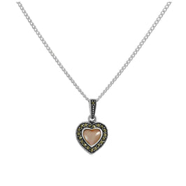 Pendentif cœur en argent sterling et nacre rose avec marcassite sur chaîne de 40 à 61 cm