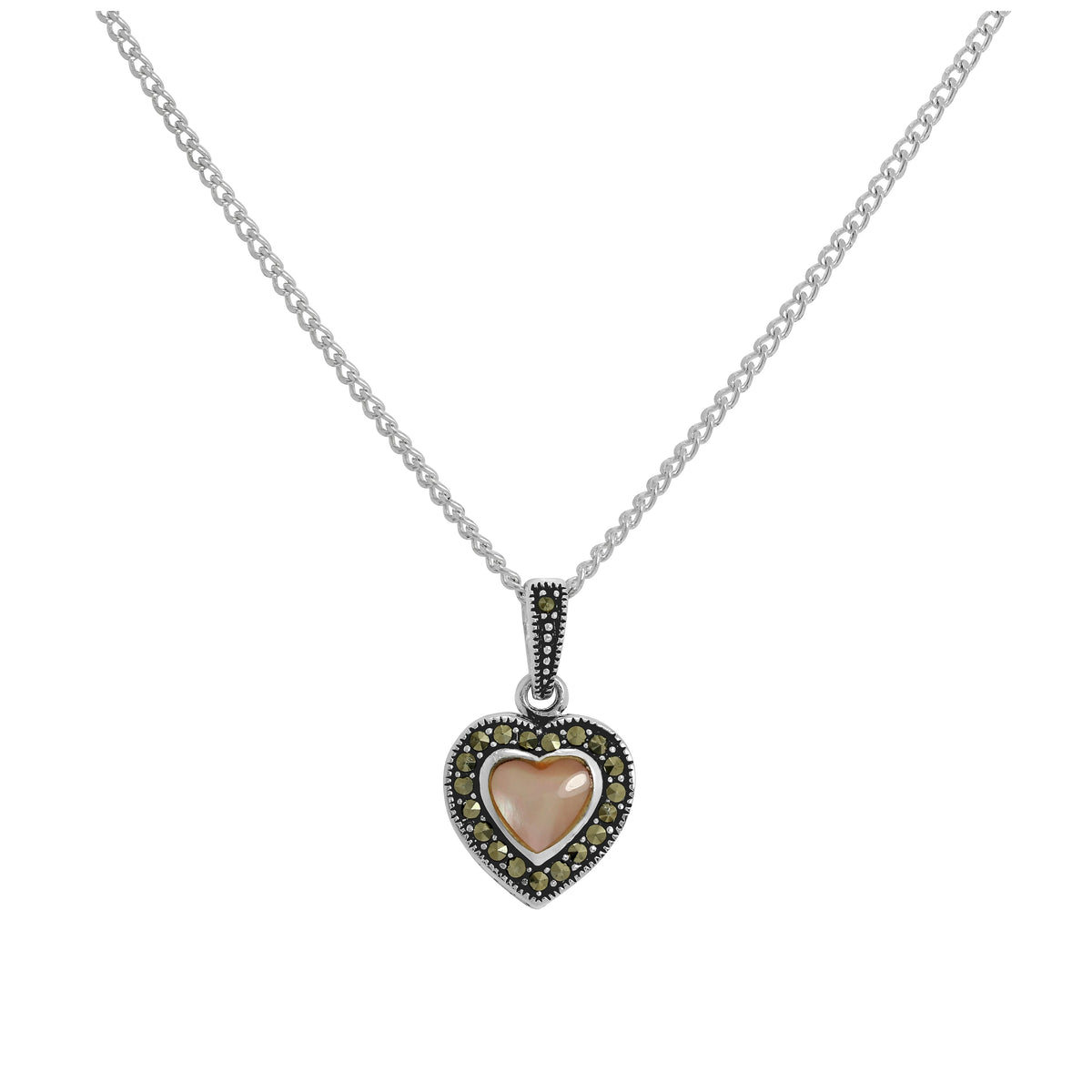 Pendentif cœur en argent sterling et nacre rose avec marcassite sur chaîne de 40 à 61 cm