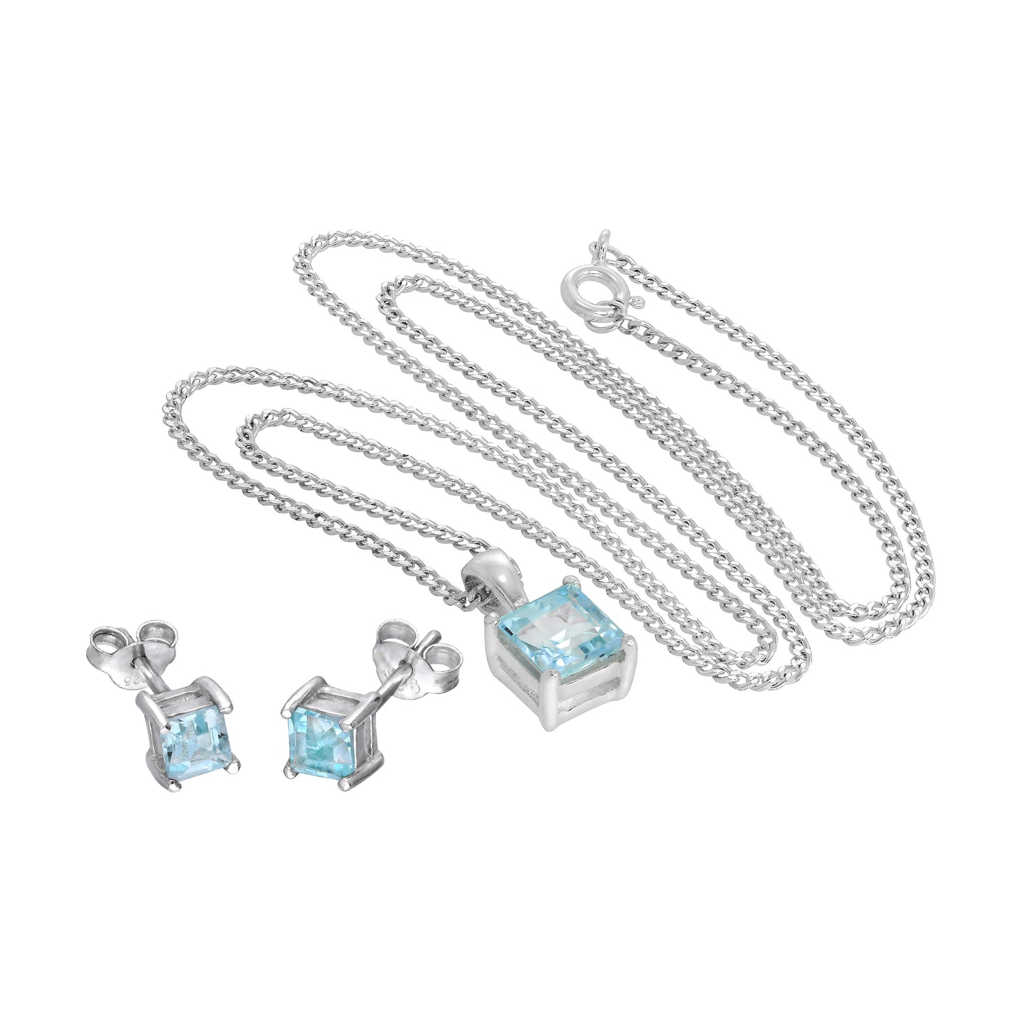 Ensemble pendentif en argent sterling avec topaze bleu ciel carrée sur chaîne de 40 à 60 cm et boucles d'oreilles à tige