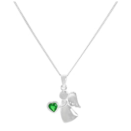 Collier avec pendentif ange en argent sterling et cristal émeraude CZ, pierre de naissance du mois de mai, 35 à 81 cm
