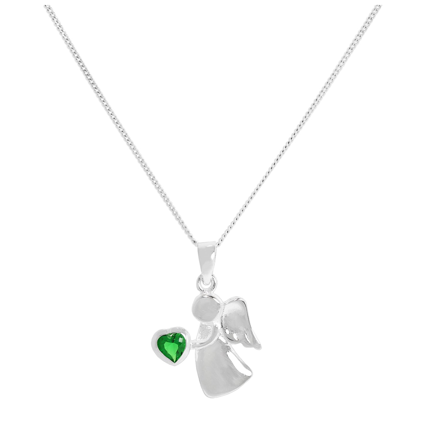 Collier avec pendentif ange en argent sterling et cristal émeraude CZ, pierre de naissance du mois de mai, 14 à 32 pouces