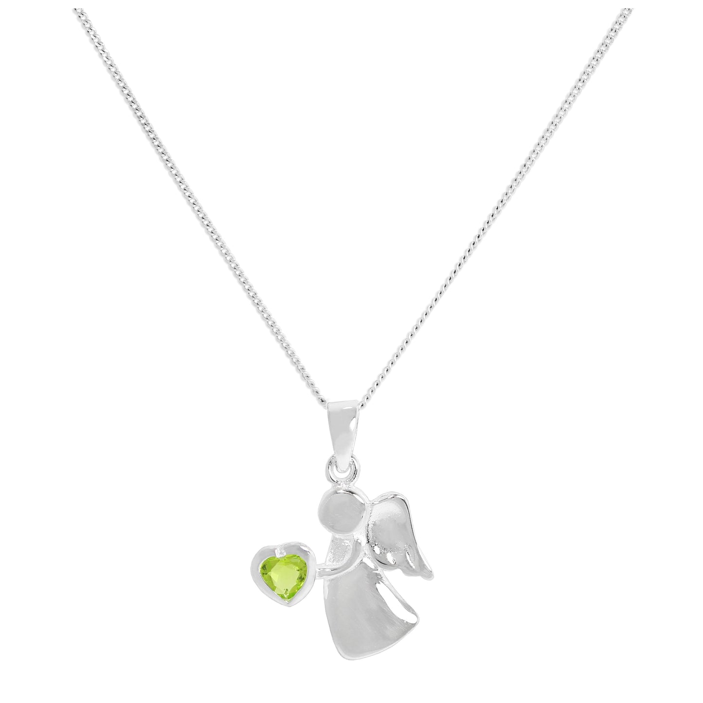 Collier avec pendentif ange en argent sterling et cristal péridot CZ, pierre de naissance d'août, 14 à 32 pouces