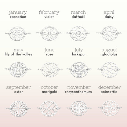 Bracelet réglable personnalisé en argent sterling avec fleur de naissance