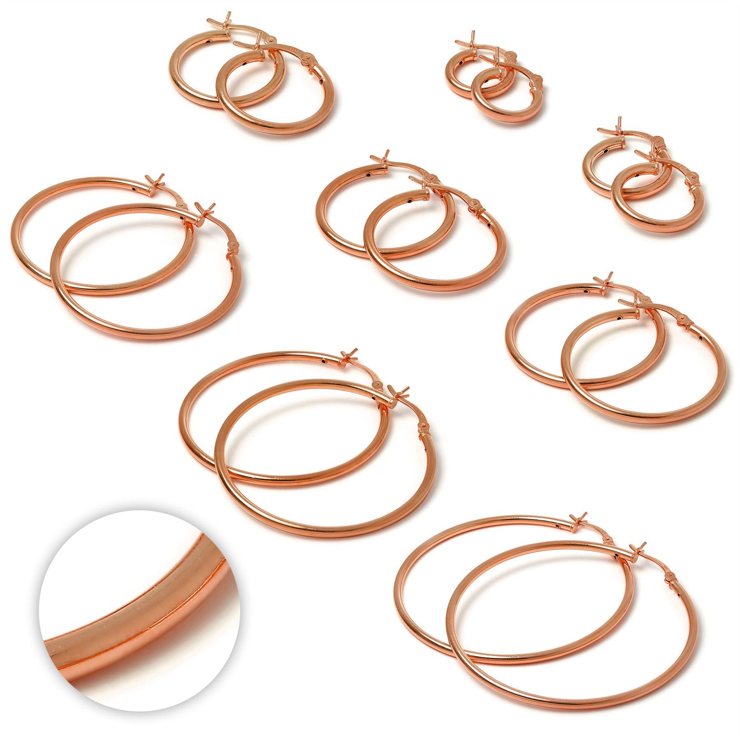Boucles d'oreilles créoles en argent sterling plaqué or rose de 2 mm (12 mm à 70 mm)