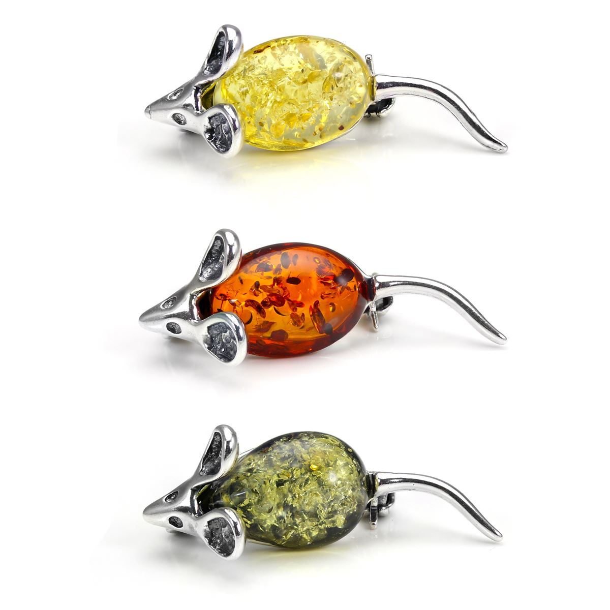 Broches souris en argent sterling et ambre de la Baltique - 3 couleurs