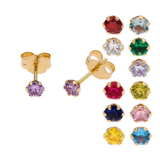 Boucles d'oreilles à tige rondes en or 9 carats avec pierre de naissance et zircone cubique