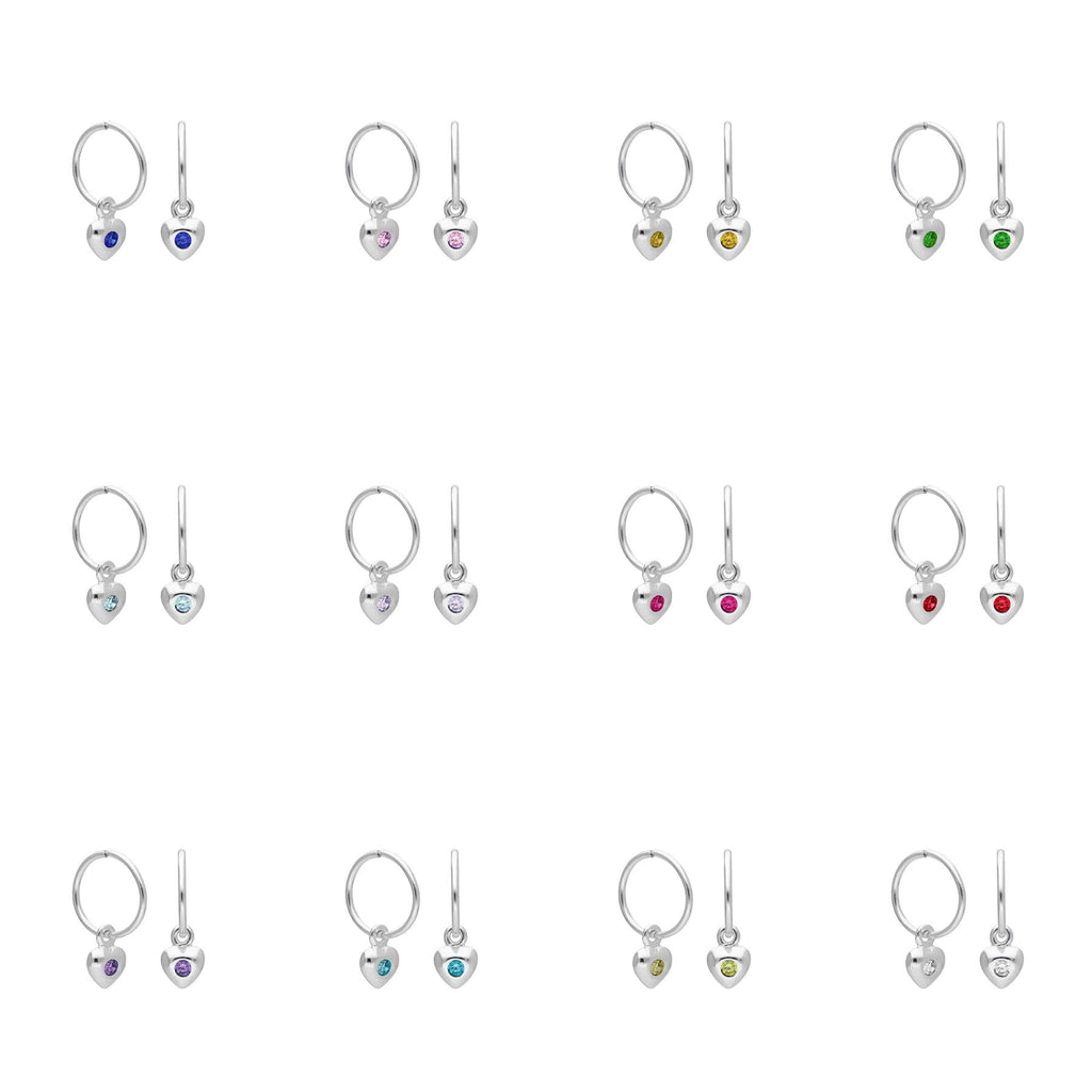 Boucles d'oreilles créoles en argent sterling avec pierre de naissance en forme de cœur, 10 à 22 mm