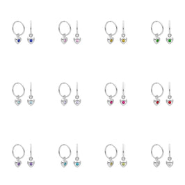 Boucles d'oreilles créoles en argent sterling avec pierre de naissance en forme de cœur, 10 à 22 mm
