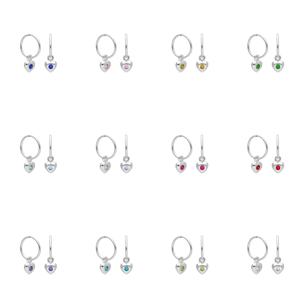 Boucles d'oreilles créoles en argent sterling avec pierre de naissance en forme de cœur, 10 à 22 mm