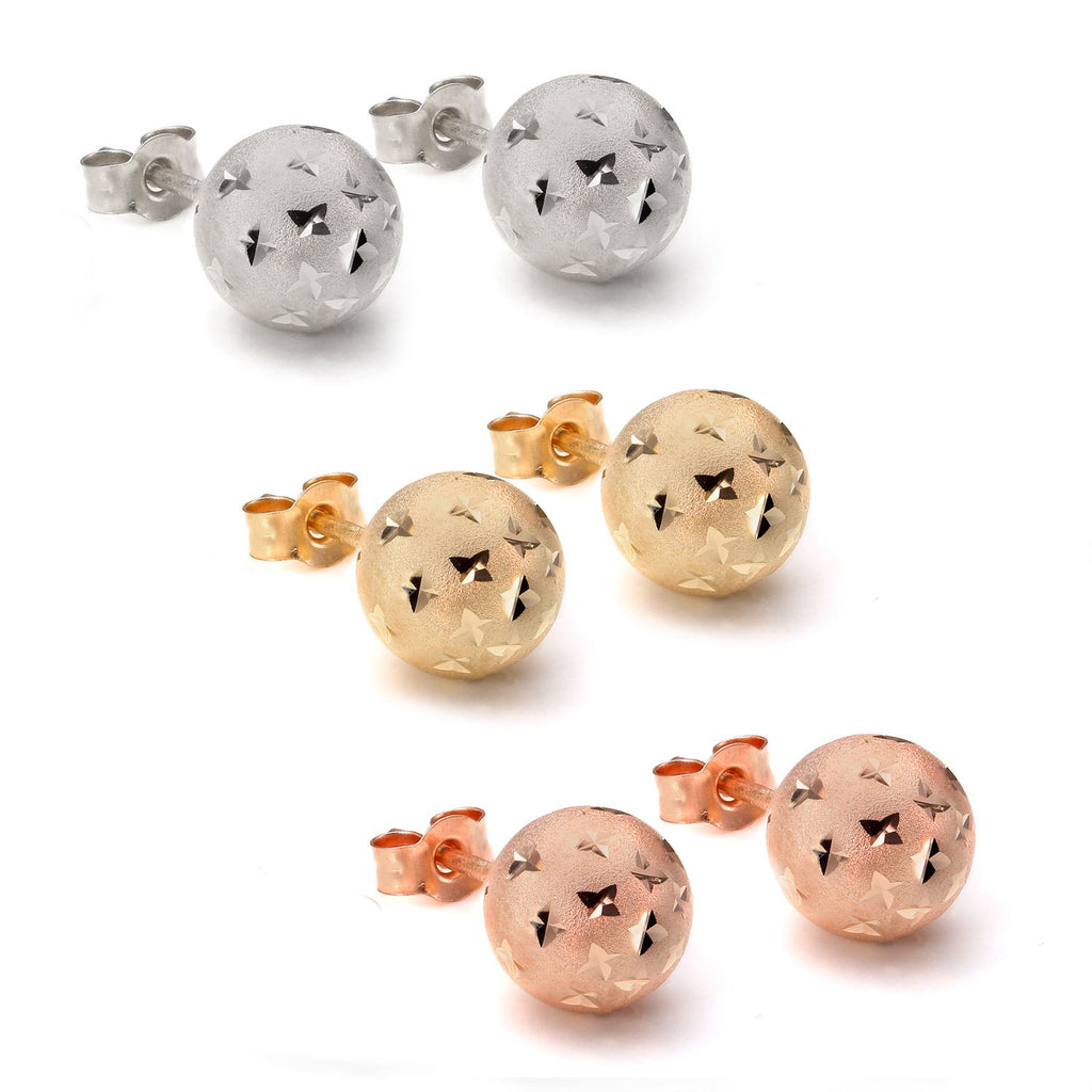 Boucles d'oreilles à tige en or 9 carats, boules de 7 mm, taille diamant - Rose jaune et blanche