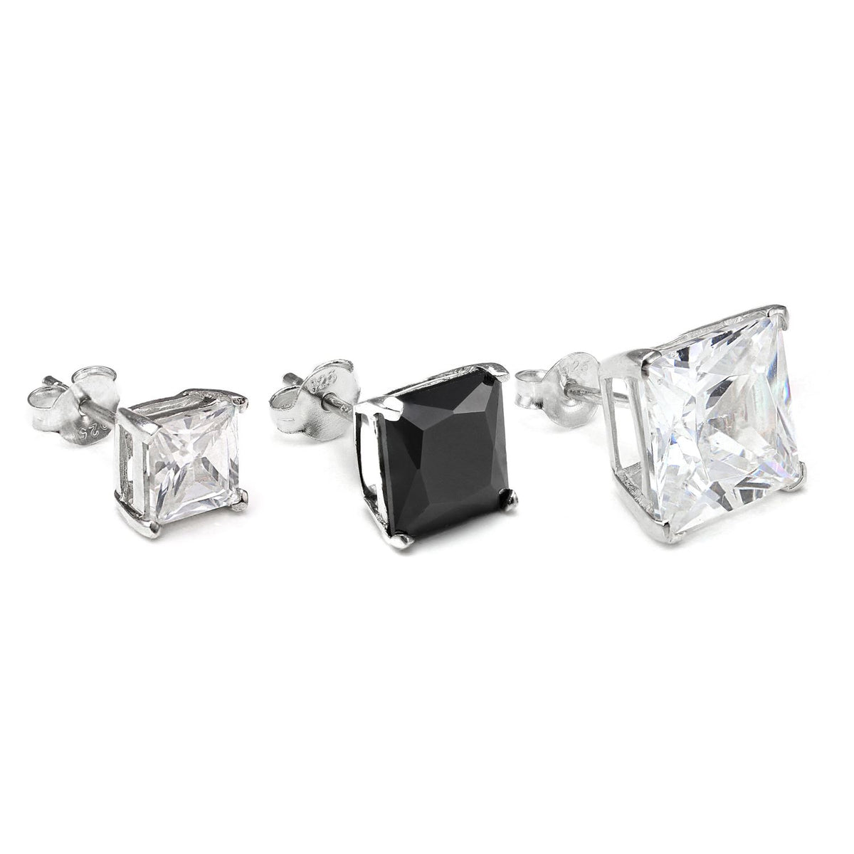 Clou d'oreille simple en argent sterling avec cristaux CZ carrés pour homme - 4-10 mm