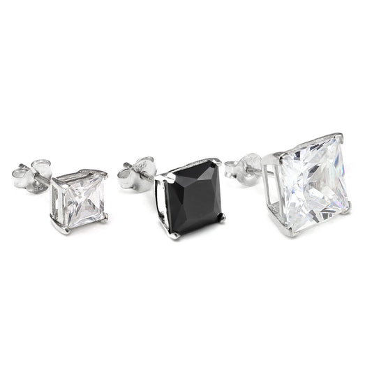 Clou d'oreille simple en argent sterling avec cristaux CZ carrés pour homme - 4-10 mm